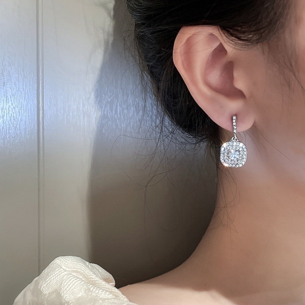 Any 2/$20! Silver Square Crystal Pave Drop Stud Earrings - Picture 3 of 6